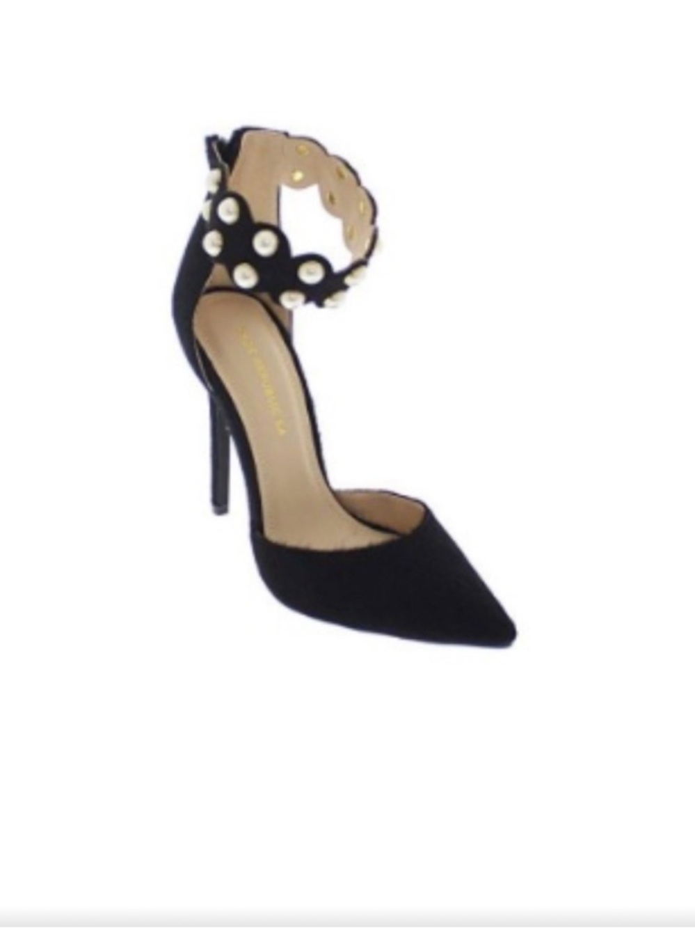 Shoe Republic LA Black Pearl-Embellished Scallop Ankle Strap Pointed Heels